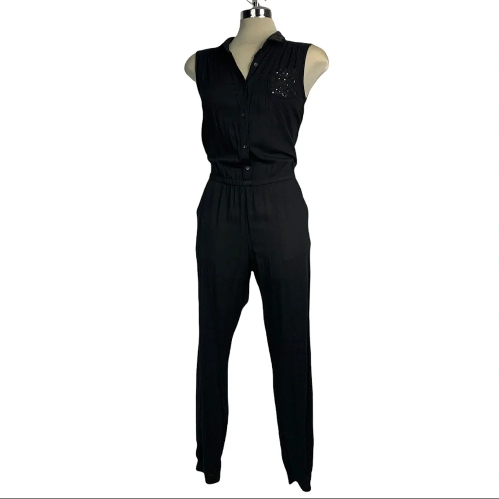 Elegant Jumpsuit Black Embellished  Sequin Pocket Size S - Picture 3 of 9